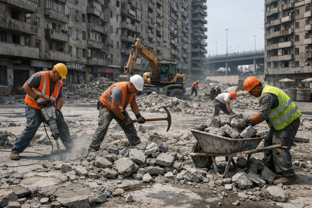 Scorcio di città invasa dal cemento, operai al lavoro per eliminare il cemento