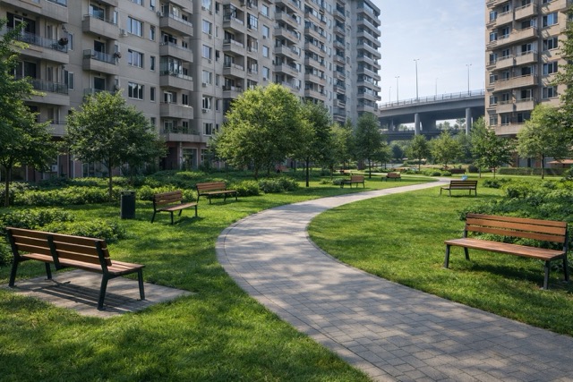 Scorcio di città invasa dal cemento dopo la creazione di zona verde con panchine ed alberi