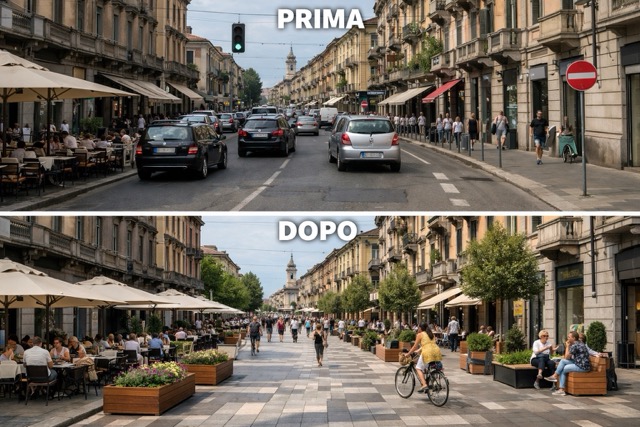 scorcio di città prima e dopo la creazione di zona pedonale