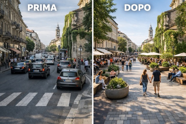 Scorcio di città prima e dopo la creazione di zona pedonale